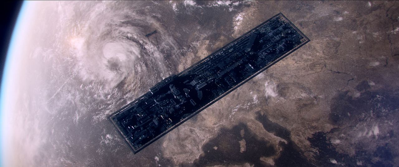 The “nightmarish integrated circuit” that is the Aniara hovers over the Eurasian continent made desolate by humanity as a massive hurricane menaces Europe from the northwest.