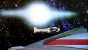 The 1955 film Conquest of Space, an early example of Angst Science Fiction. Here we see an astronaut named Andre Fodor, a victim of cosmic fate and indifference, being buried in space: His body floats off into the seemingly endless void against a brilliant Sol