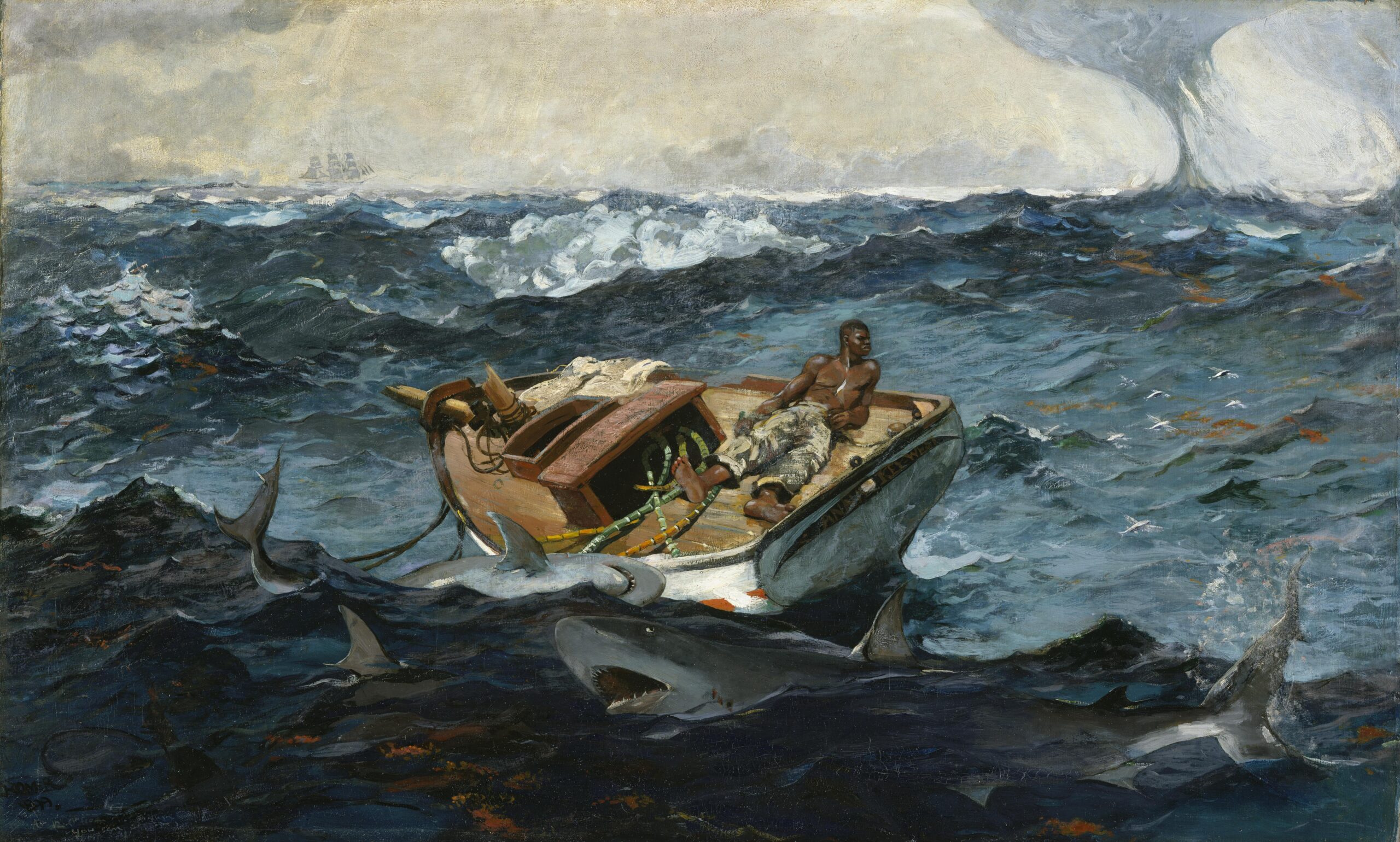 Winslow Homer’s 1899 painting titled The Gulf Stream, depicting yet another kind of lost ship and crew encircled by multiple dangers and with an uncertain future. The artist preferred that viewers of this oil on canvas work come up with their own interpretations of what is occurring here – and then keep their thoughts to themselves!