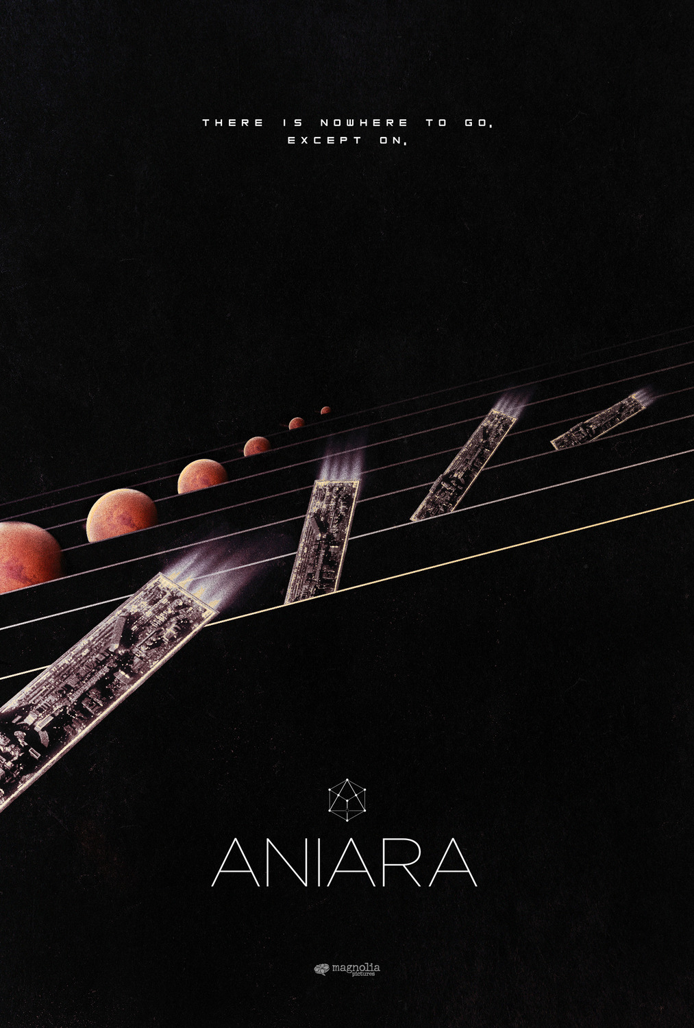 For a limited distribution film like Aniara, it had quite a few different cinema posters. Here is one showing the transport vessel careening away from the planet Mars in multiple takes with an ominous phrase over the scene: “There is nowhere to go, except on.
