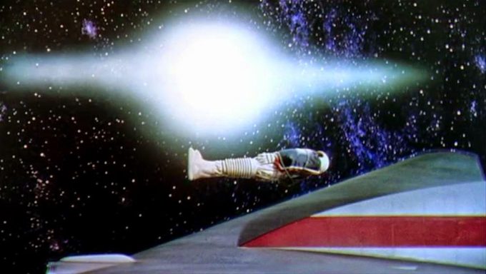 The 1955 film Conquest of Space, an early example of Angst Science Fiction. Here we see an astronaut named Andre Fodor, a victim of cosmic fate and indifference, being buried in space: His body floats off into the seemingly endless void against a brilliant Sol.